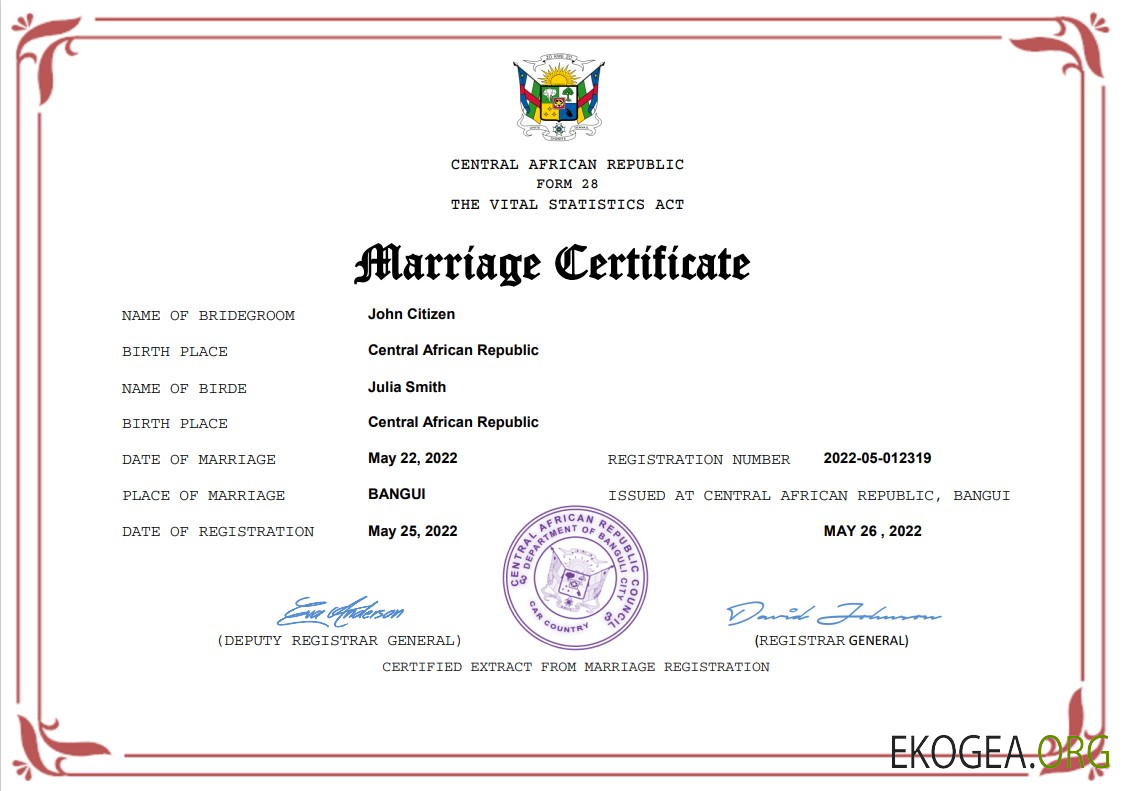 Modèle Word et PDF d'acte de mariage en République centrafricaine